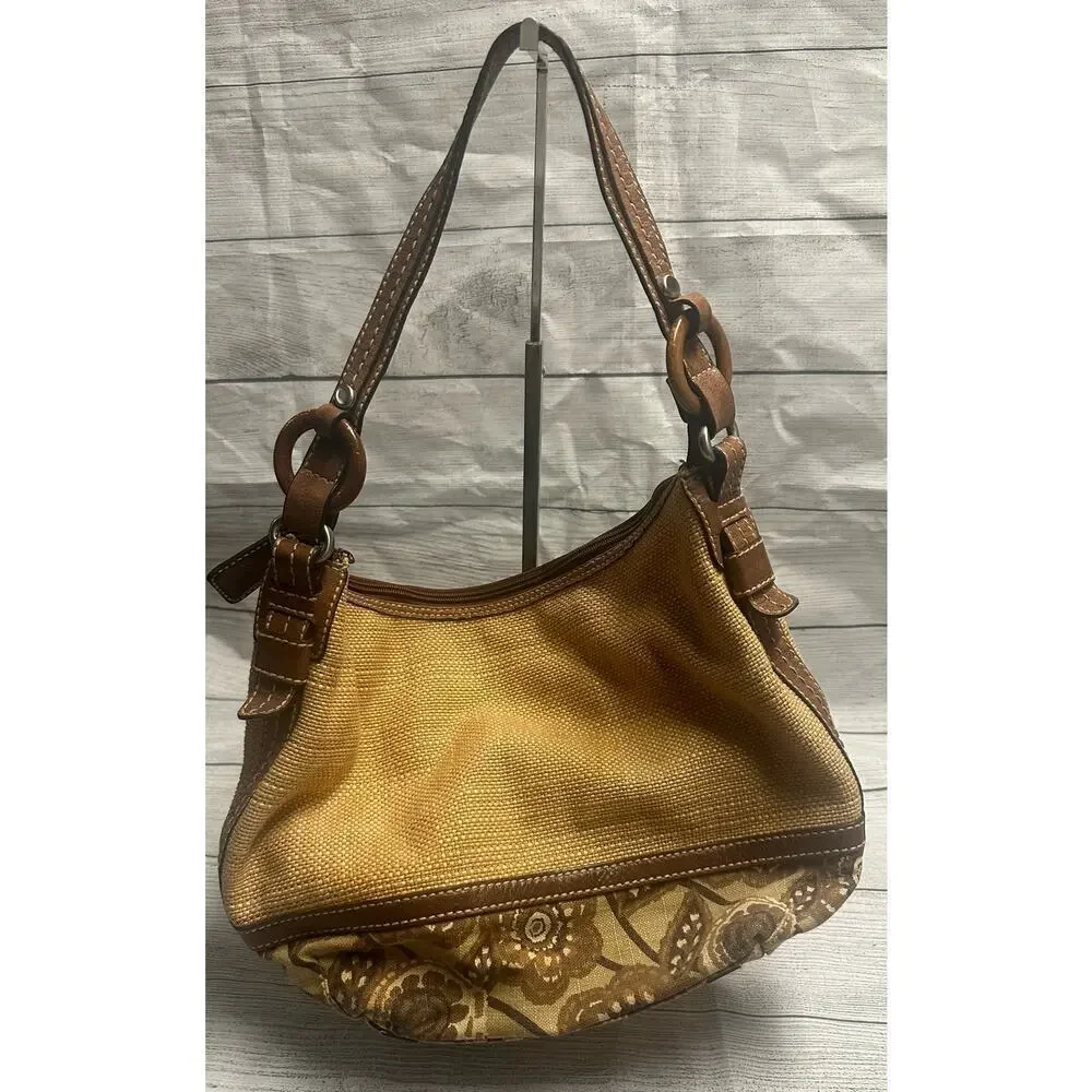 Fossil Paisley Bottom Shoulder Bag Leather & Wood Trim Hobo Purse - Picture 2 of 15